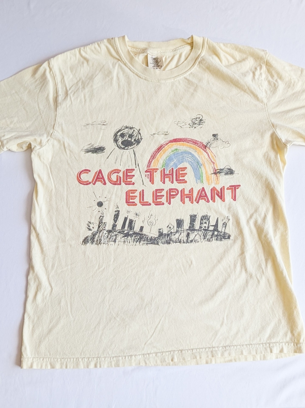 Cage the Elephant Yellow Doodle T-Shirt Rainbow Alt Rock 100% Cotton Size Lg
